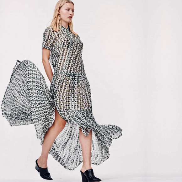 Munthe Evelyn Khaki Polka Dot Print Silk-Chiffon Shirt Maxi Dress Size 34 - Picture 4 of 13